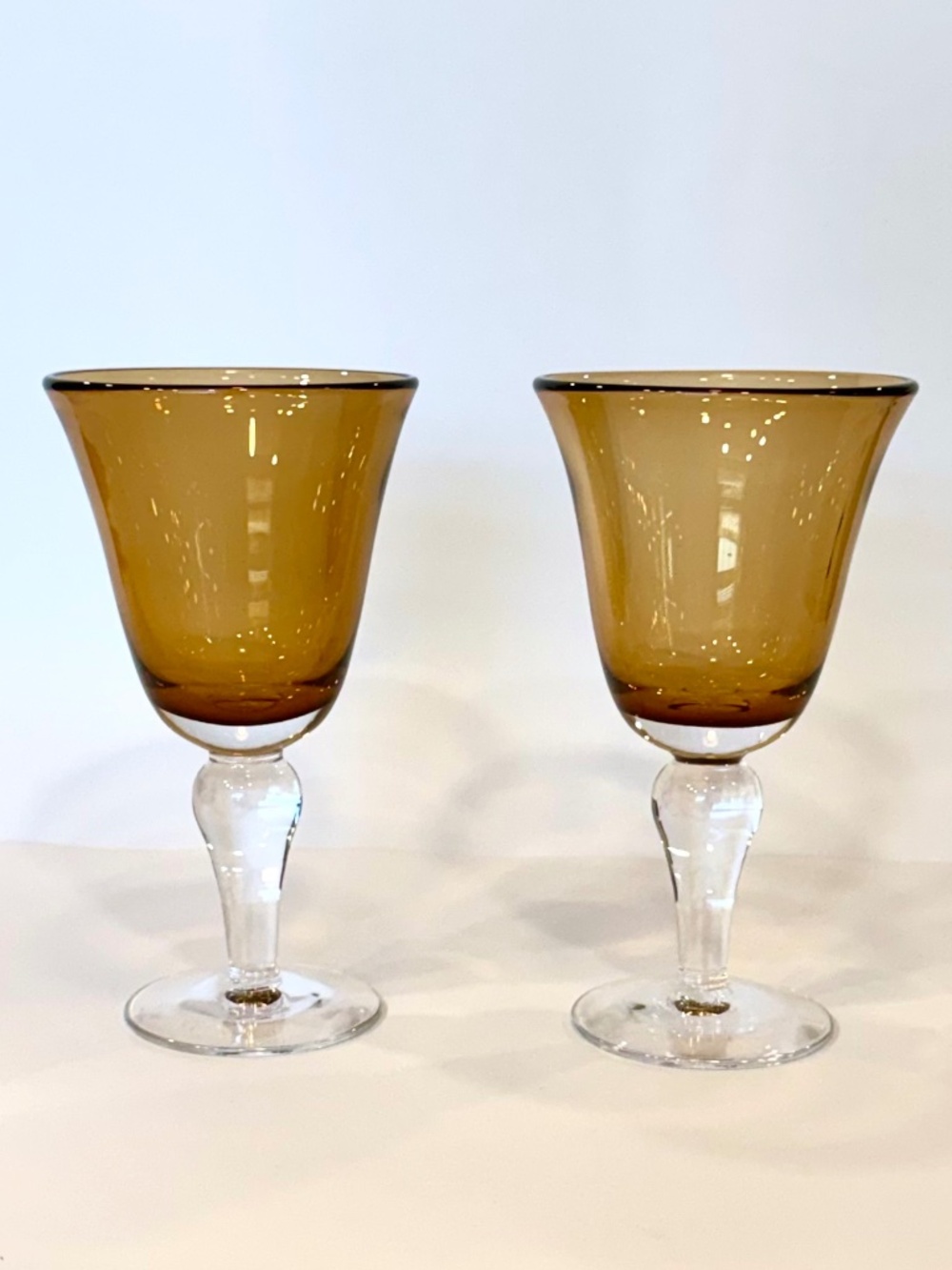 Vintage Artland Iris Amber Hand-Blown Glass Goblets, Set of 2